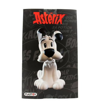 Rückseite der Verpackung der Idefix Figur von Plastoy mit großem Asterix-Logo und Abbildung von Idefix auf schwarzem Hintergrund.